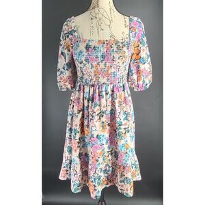 BCBG generation puffed sleeve smocked top floral milkmaid dress SZ XS fairy